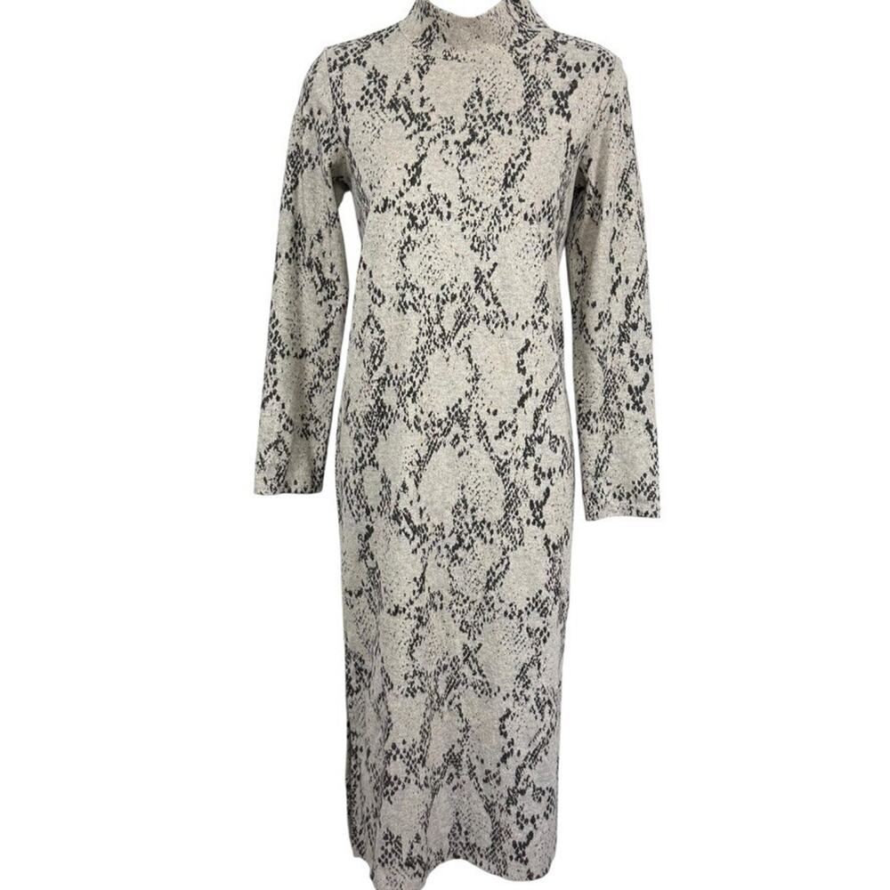 M&S Collection Snakeskin Long Sleeve Midi Sheath Knit Dress Beige Mock Neck sz 8